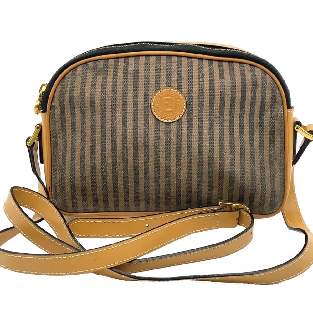 Auth Fendi  Pequin Striped Canvas × Leather Beige Shoulder Bag